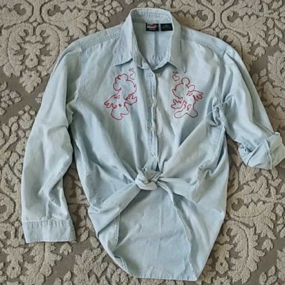 Vintage Mickey Unlimited denim chambray red sz M embroidered‎ button down shirt - Picture 1 of 8